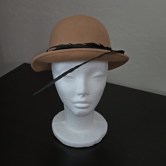 Vintage Splendide Georgi Brown Wool Hat Tan Bowler Hat With Feathers
